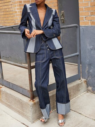 Urban Lapel Collar Color Block Denim Coat