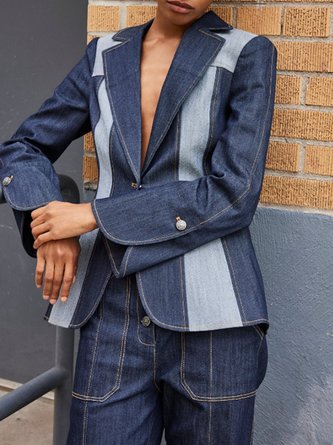 Urban Lapel Collar Color Block Denim Coat