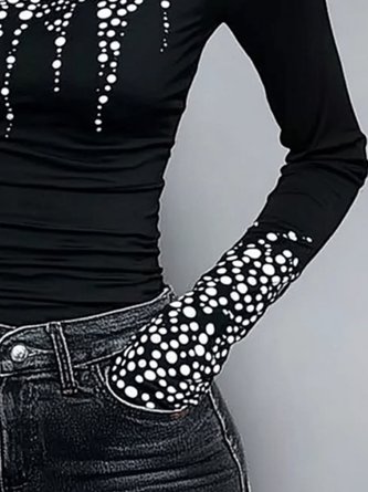 Casual Abstract Polka Dots Tight Turtleneck T-Shirt