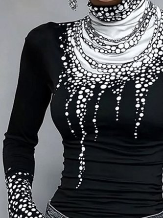 Casual Abstract Polka Dots Tight Turtleneck T-Shirt