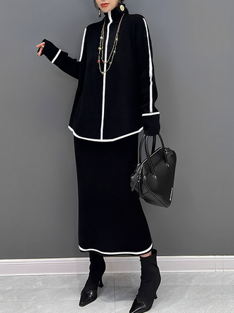 High Elasticity Casual Color Block Midi Sweater Skirt