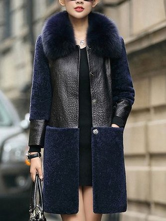 Color-Blocked Leather Trimmed Teddy Coat