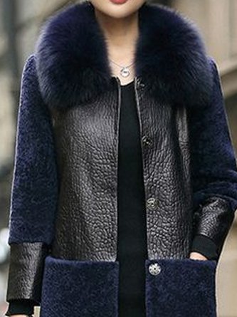 Color-Blocked Leather Trimmed Teddy Coat