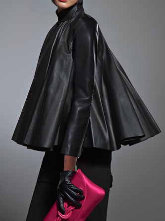 Urban Stand Collar Faux Leather Top With a Big Hemline