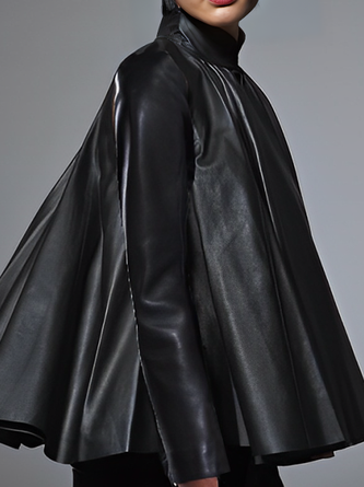 Urban Stand Collar Faux Leather Top With a Big Hemline