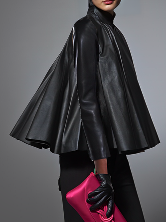 Urban Stand Collar Faux Leather Top With a Big Hemline