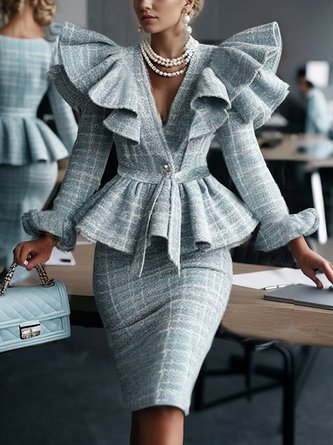 Elegant Cross Neck Tweed Jacket With Belt