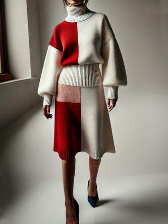 Medium Elasticity Color Block Casual Sweater Mini Skirt