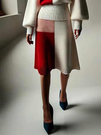 Medium Elasticity Color Block Casual Sweater Mini Skirt