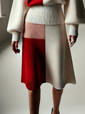 Medium Elasticity Color Block Casual Sweater Mini Skirt