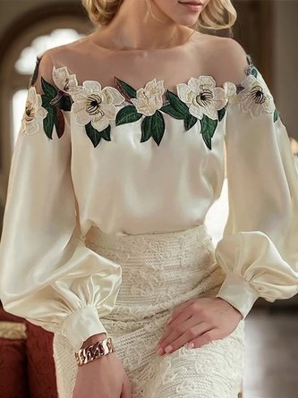 Crew Neck Elegant Long Sleeve Floral Blouse