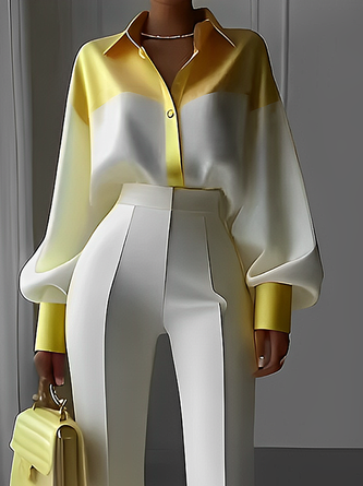 Satin Urban Balloon Sleeve Color Block Shirt