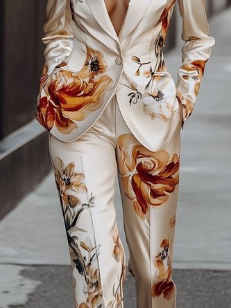 Elegant Luxury Satin Floral Straight-Leg Pants
