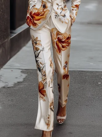 Elegant Luxury Satin Floral Straight-Leg Pants