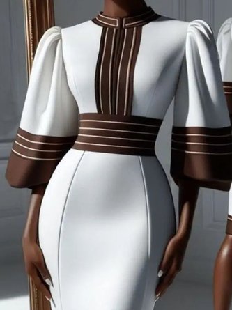 Urban Striped Puff Sleeve Printing Stand Collar Knee Length Dress