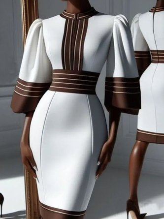 Urban Striped Puff Sleeve Printing Stand Collar Knee Length Dress