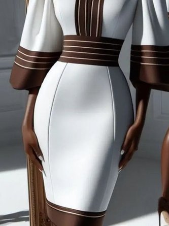 Urban Striped Puff Sleeve Printing Stand Collar Knee Length Dress