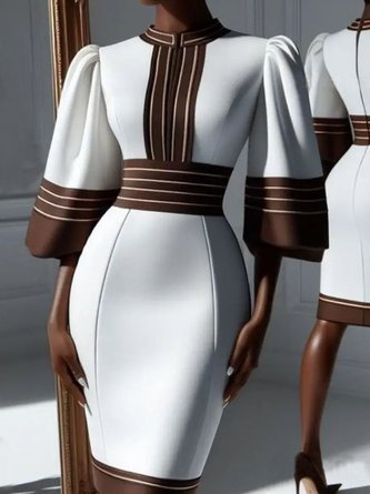 Urban Striped Puff Sleeve Printing Stand Collar Knee Length Dress