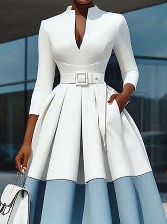 Elegant Color Block V Neck Knee Length Dress With Belt