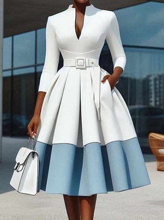 Elegant Color Block V Neck Knee Length Dress With Belt