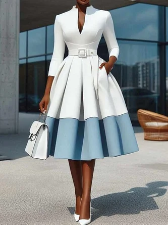 Elegant Color Block V Neck Knee Length Dress With Belt