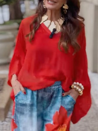 Casual V-Neck Loose Sheer Blouse