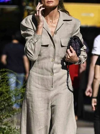Urban Shawl Collar Long Sleeve Loose Linen Jumpsuit