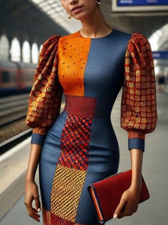 Urban Random Print Puff Sleeve Printing Crew Neck Midi Dress