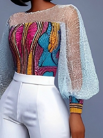 Elegant Patchwork Sheer Mesh Balloon Sleeve Blouse