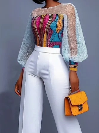 Elegant Patchwork Sheer Mesh Balloon Sleeve Blouse