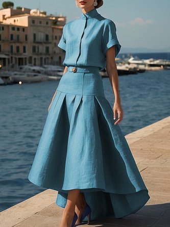 Casual Gathered Cotton And Linen Plain Maxi Skirt