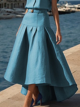 Casual Gathered Cotton And Linen Plain Maxi Skirt