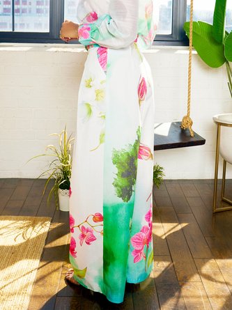 Vacation Floral Wide Leg Pants With Belt