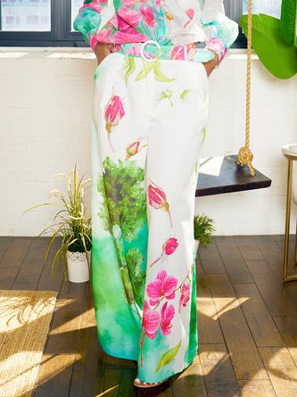 Vacation Floral Wide Leg Pants With Belt