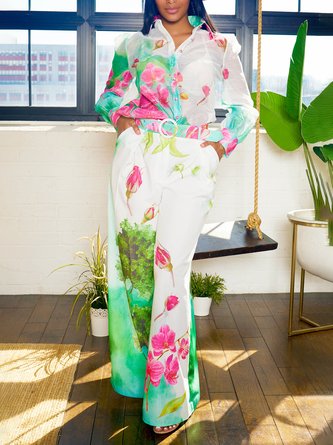 Vacation Floral Wide Leg Pants With Belt