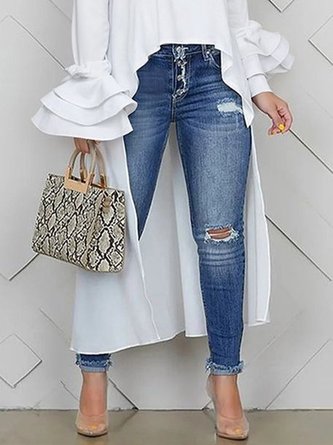 Casual Plain Irregular Craftsmanship Crew Neck Ruffle Sleeve Blouse