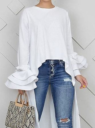 Casual Plain Irregular Craftsmanship Crew Neck Ruffle Sleeve Blouse