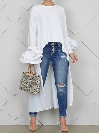 Casual Plain Irregular Craftsmanship Crew Neck Ruffle Sleeve Blouse