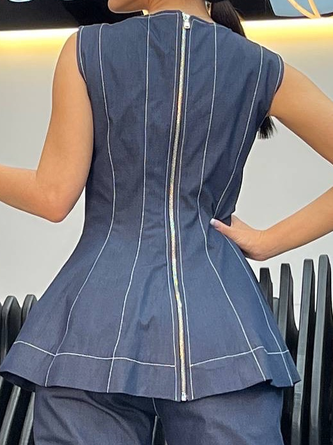 Urban Zipper Denim Sleeveless Top With Brooch - Image 6