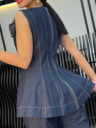 Urban Zipper Denim Sleeveless Top With Brooch - Image 5