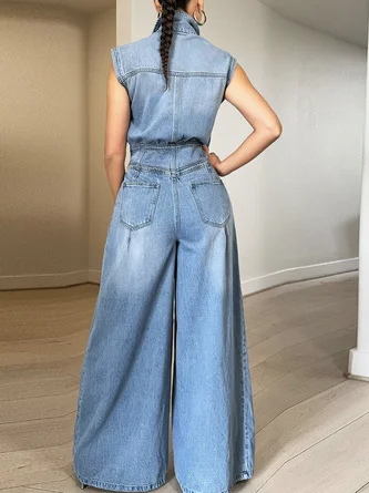 Casual Pockets Plain Shawl Collar Denim Jumpsuit