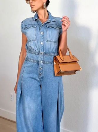 Casual Pockets Plain Shawl Collar Denim Jumpsuit