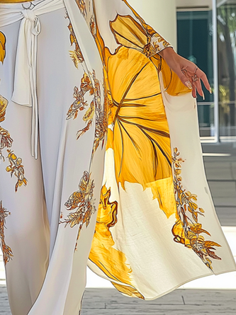 Vacation Split Sleeve Printing Floral Kimono