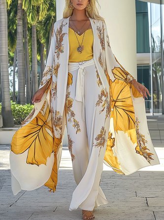 Vacation Split Sleeve Printing Floral Kimono
