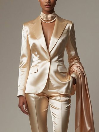 Elegant Satin Plain Lapel Collar Blazer No Scarf