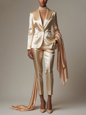 Elegant Satin Plain Lapel Collar Blazer No Scarf