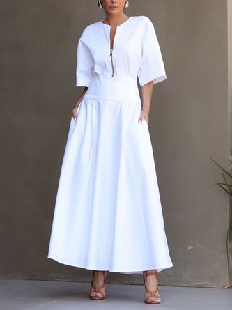 Cotton Urban Plain Raglan Sleeve V Neck Maxi Dress