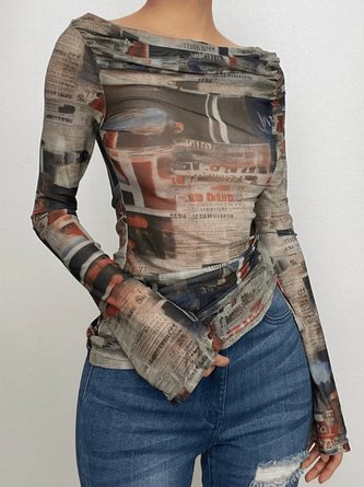 Casual Letter Pattern Printing Off The Shoulder T-shirt