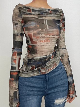 Casual Letter Pattern Printing Off The Shoulder T-shirt