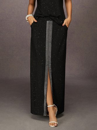 Elegant Stamped Silver Slit Maxi Skirt